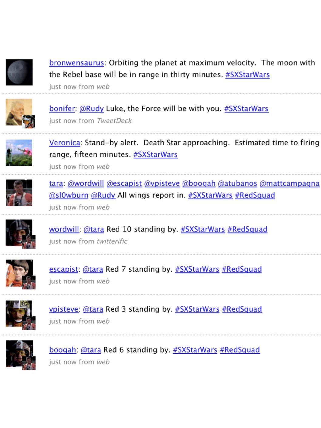 Screenshot from the 2009 SXSW Star Wars live Twitter re-enactment of the attack on the Death Star, with multiple accounts tweeting lines from the movie in sequence, all using the #SXStarWars hashtag.