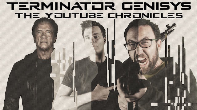 Title card for the first episode of Terminator Genisys: The YouTube Chronicles, showing the franchise logo over a composite of Arnold Schwarzenegger as the T-800 alongside Ricky Hayberg and Eliot Dewberry from Machinima.