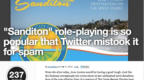 Screenshot of a news article headline reading "Sanditon" role-playing is so popular that Twitter mistook it for spam, by Aja Romano, published May 17, 2013.